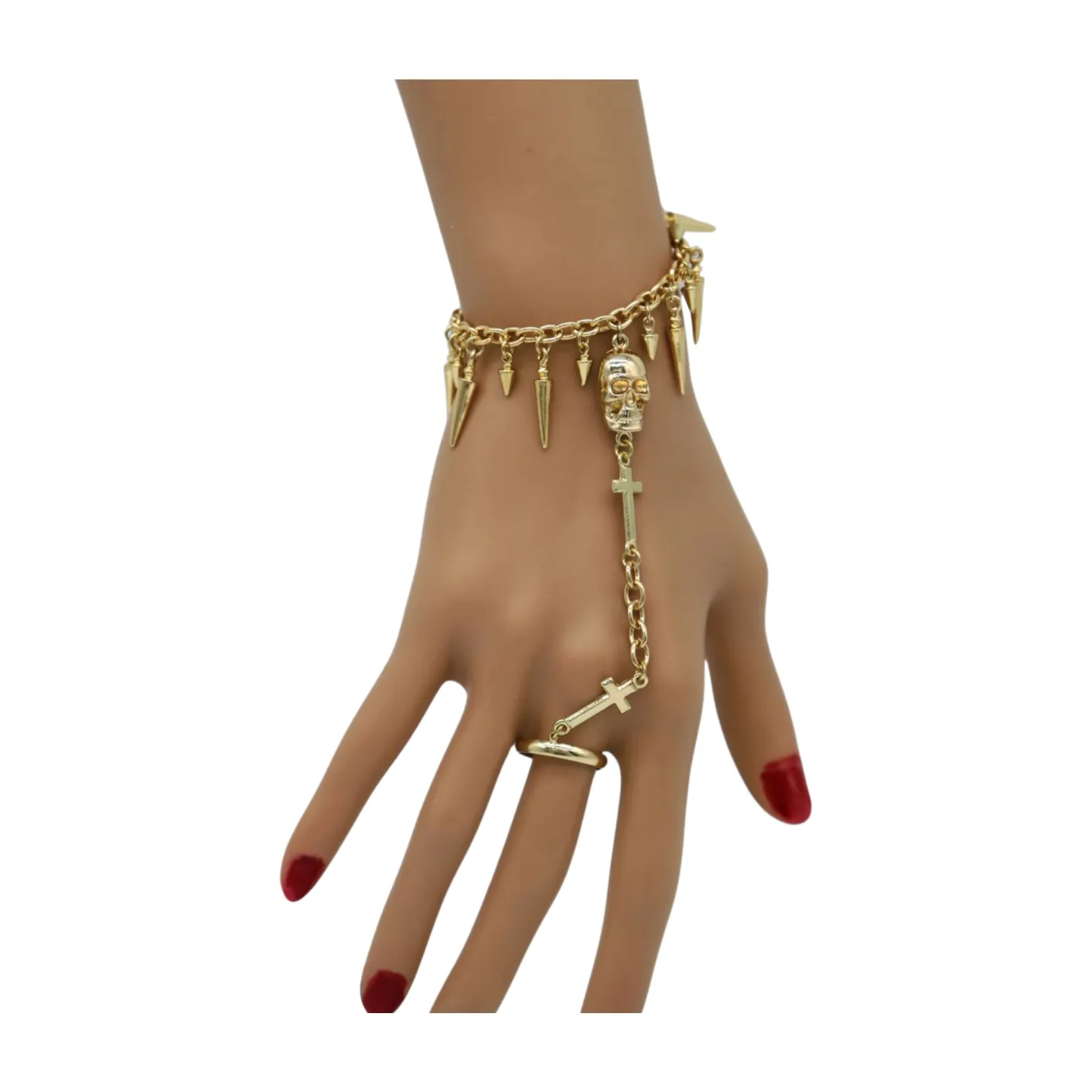 New Women Gold Metal Hand Chain Bracelet Fashion Cross Spike Skull Ring