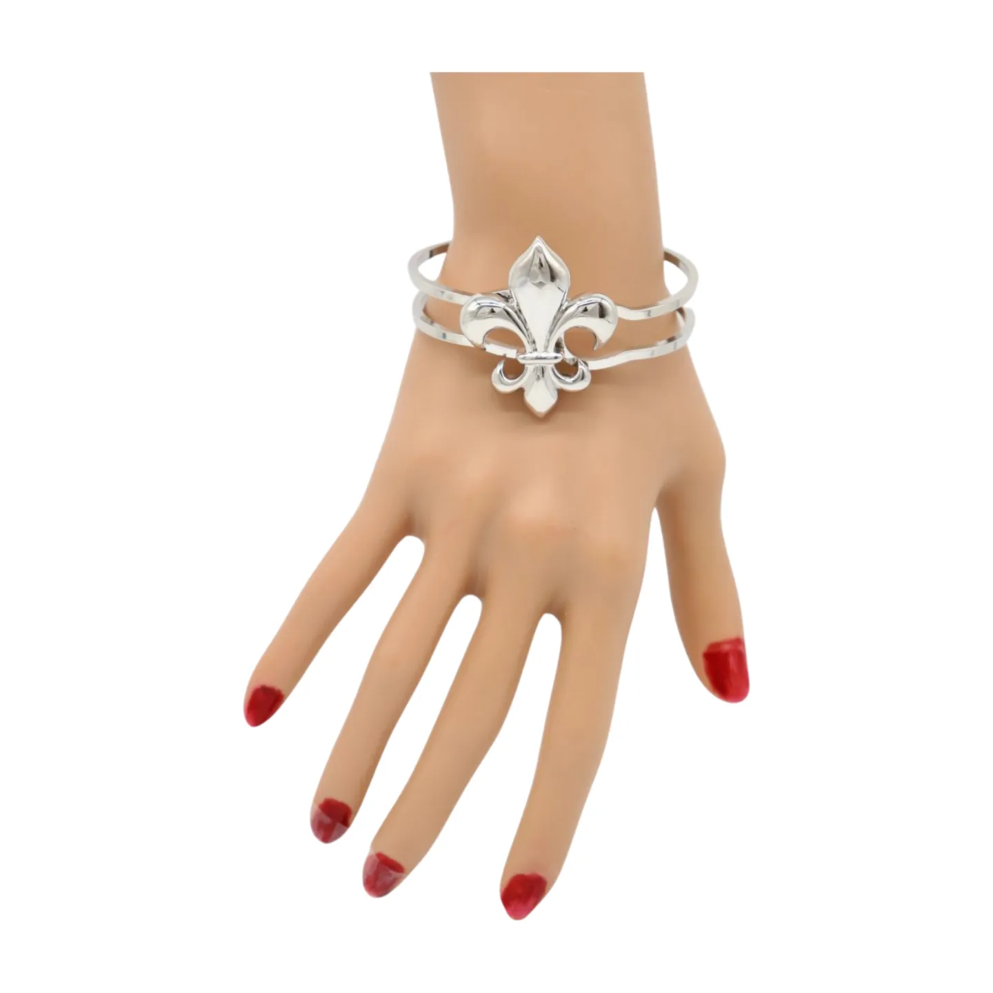 New Women Silver Metal Wrist Cuff Bracelet Fleur De Lis Charm