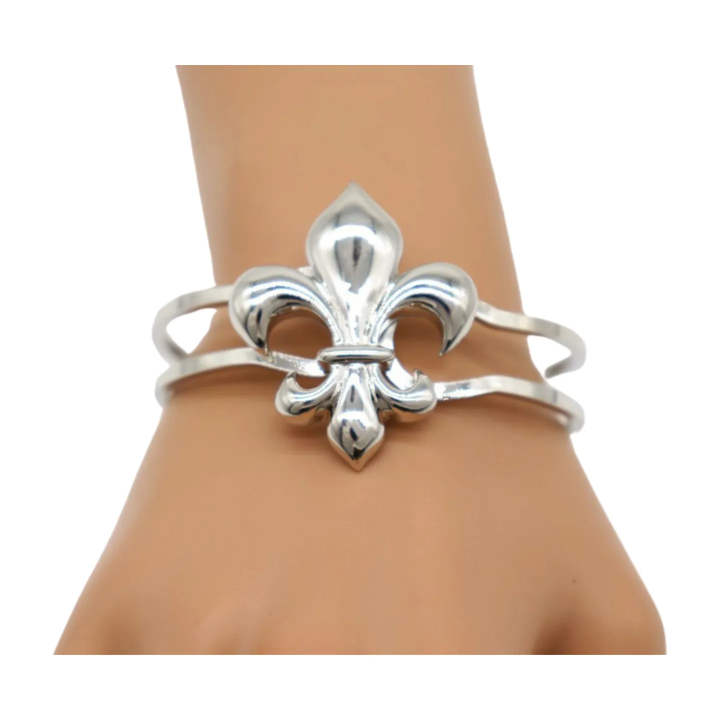 New Women Silver Metal Wrist Cuff Bracelet Fleur De Lis Charm