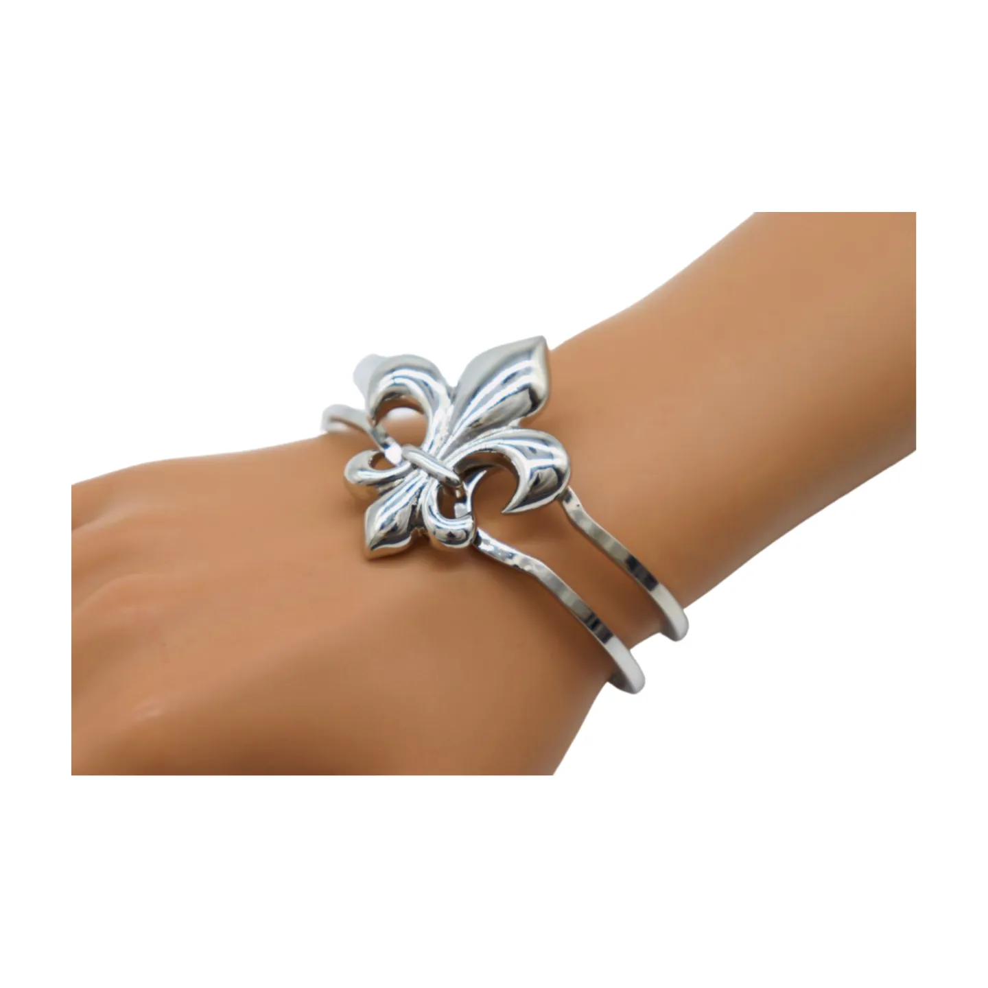 New Women Silver Metal Wrist Cuff Bracelet Fleur De Lis Charm