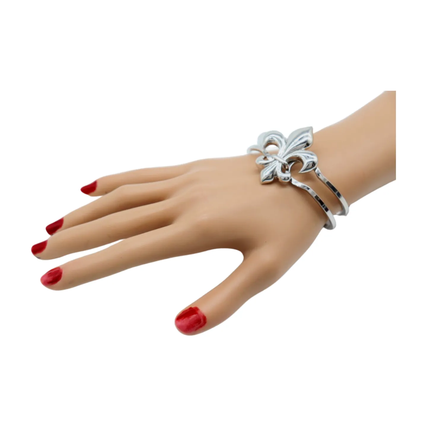 New Women Silver Metal Wrist Cuff Bracelet Fleur De Lis Charm
