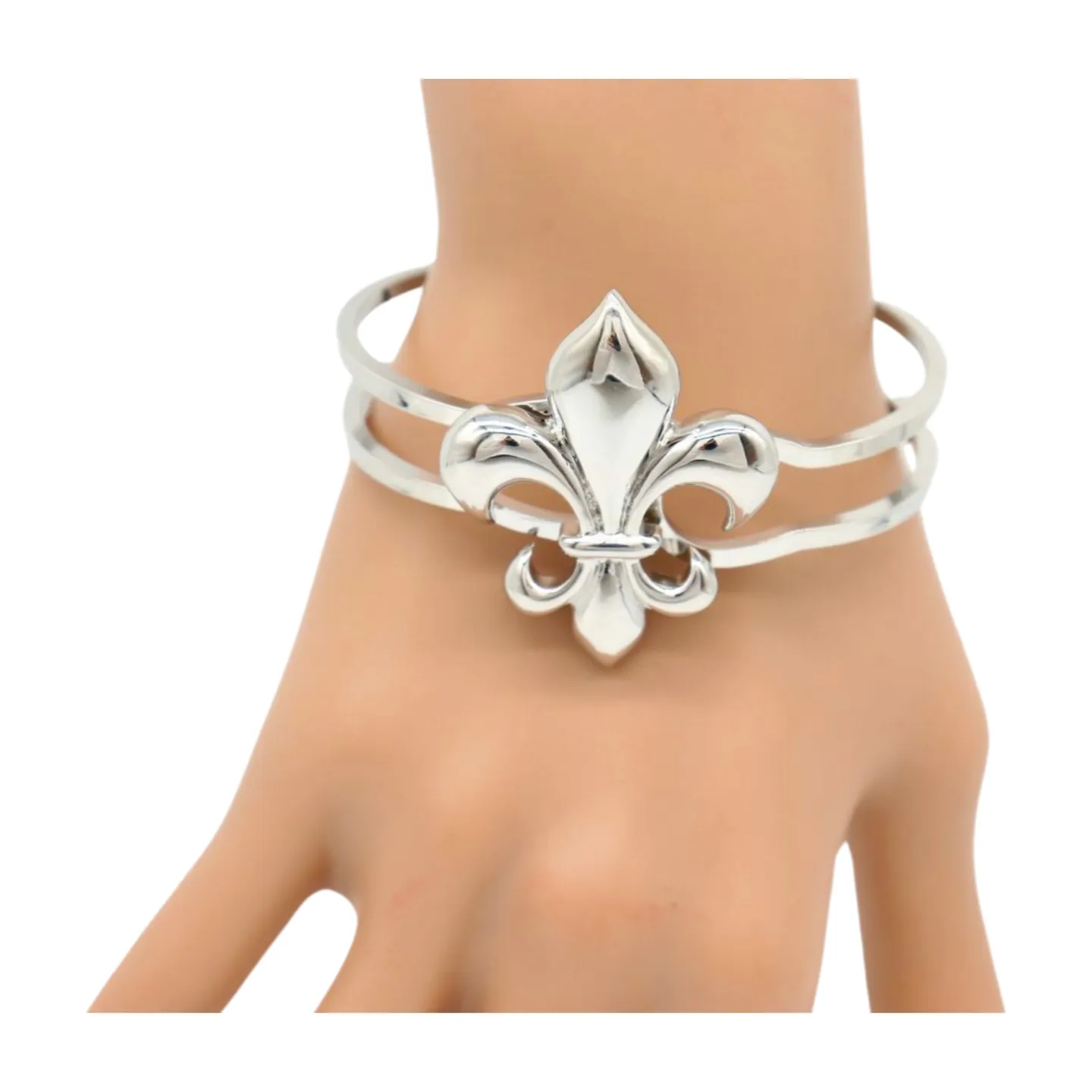 New Women Silver Metal Wrist Cuff Bracelet Fleur De Lis Charm