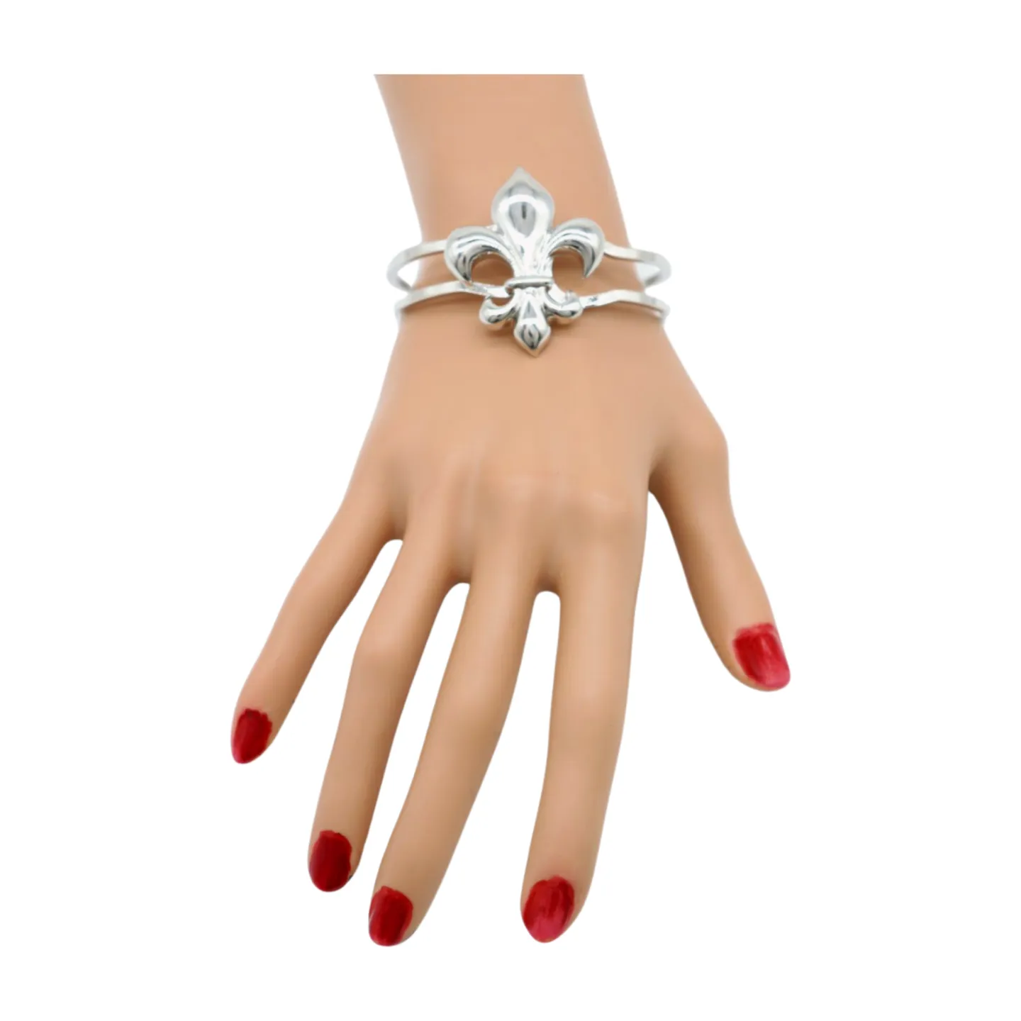 New Women Silver Metal Wrist Cuff Bracelet Fleur De Lis Charm