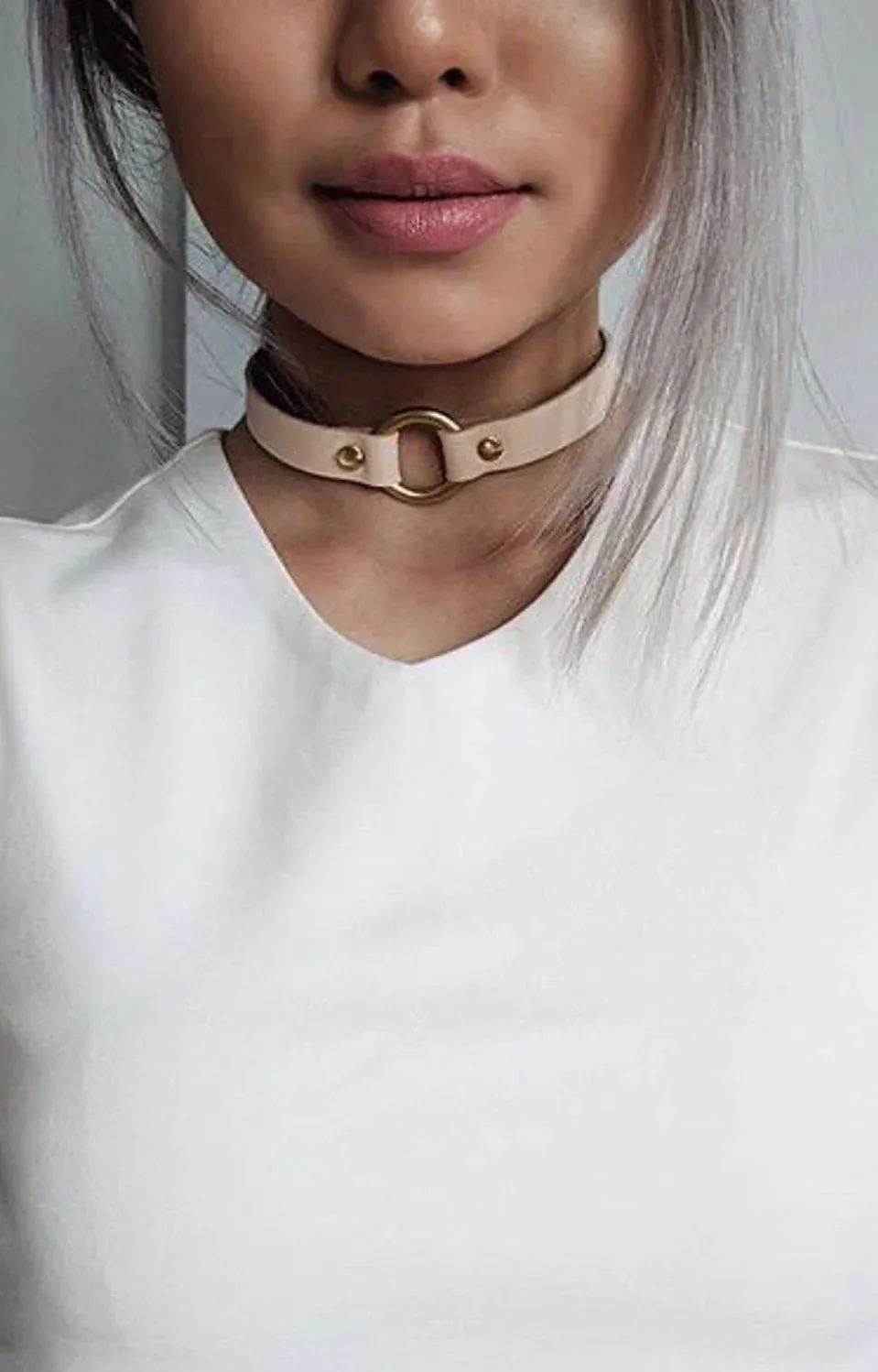 Nude and Brass leather O-Ring Choker