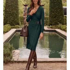 NWT Lauren Ralph Lauren green long sleeve dress with faux leather accent  size 4