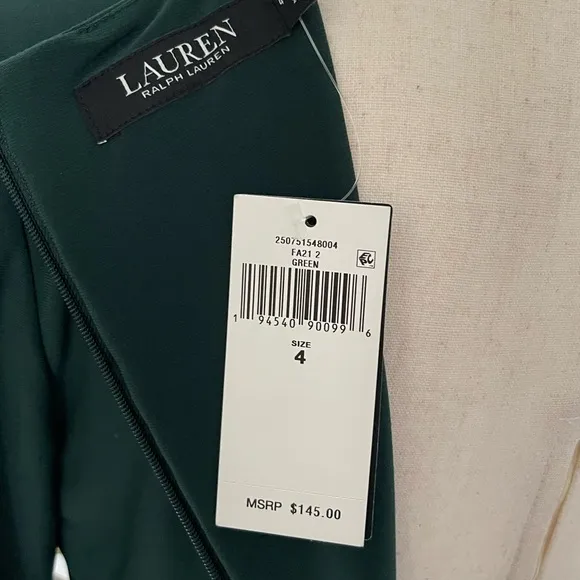 NWT Lauren Ralph Lauren green long sleeve dress with faux leather accent  size 4