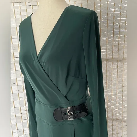 NWT Lauren Ralph Lauren green long sleeve dress with faux leather accent  size 4