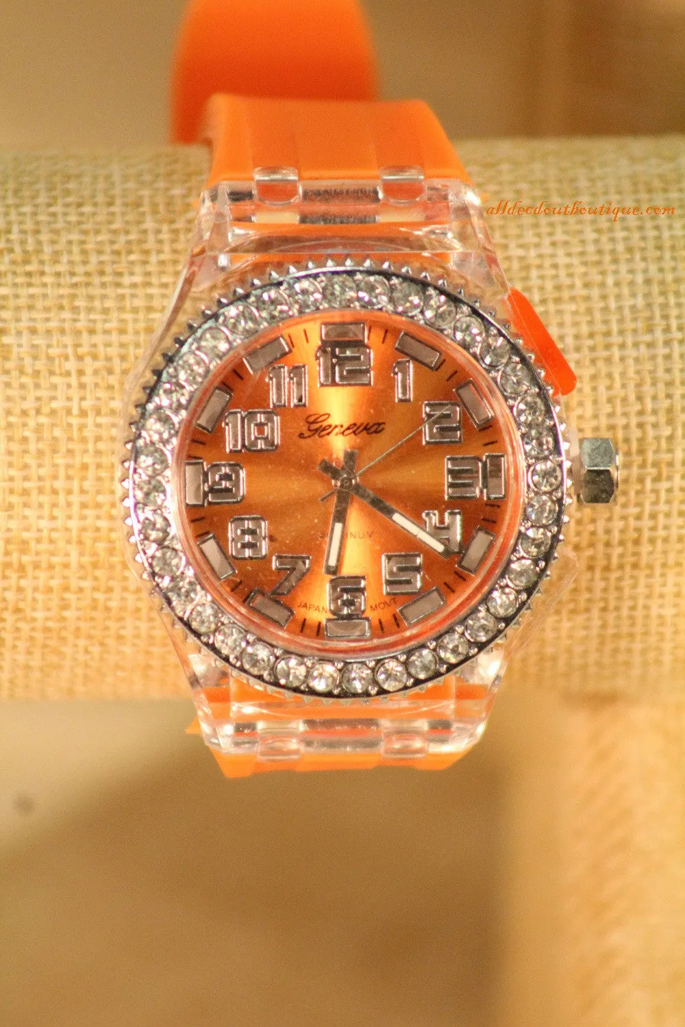 Orange, Clear Crystals Light Up Small Face | Silicone Band with Clasp