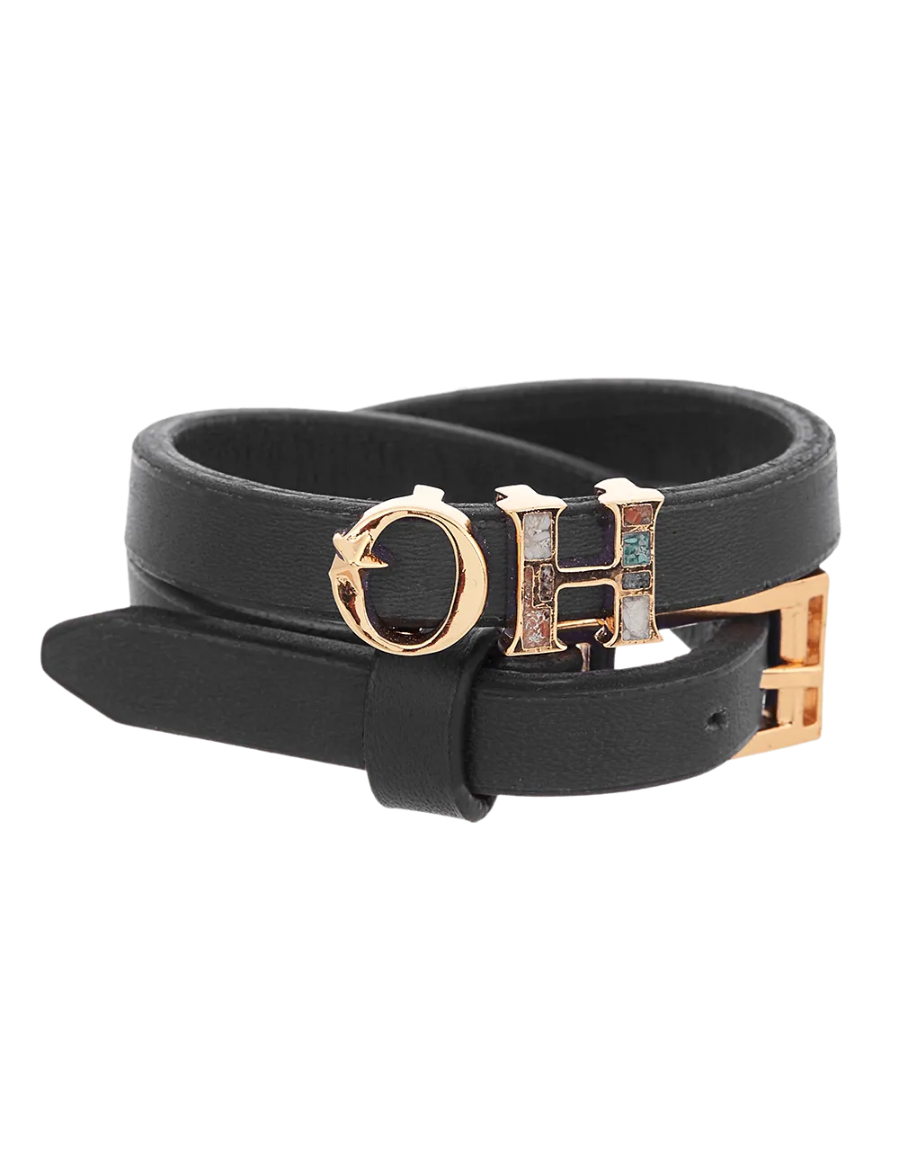 Outhouse   -   OH Series The Oh Monogram, Black Double Wrap Leather Bracelet