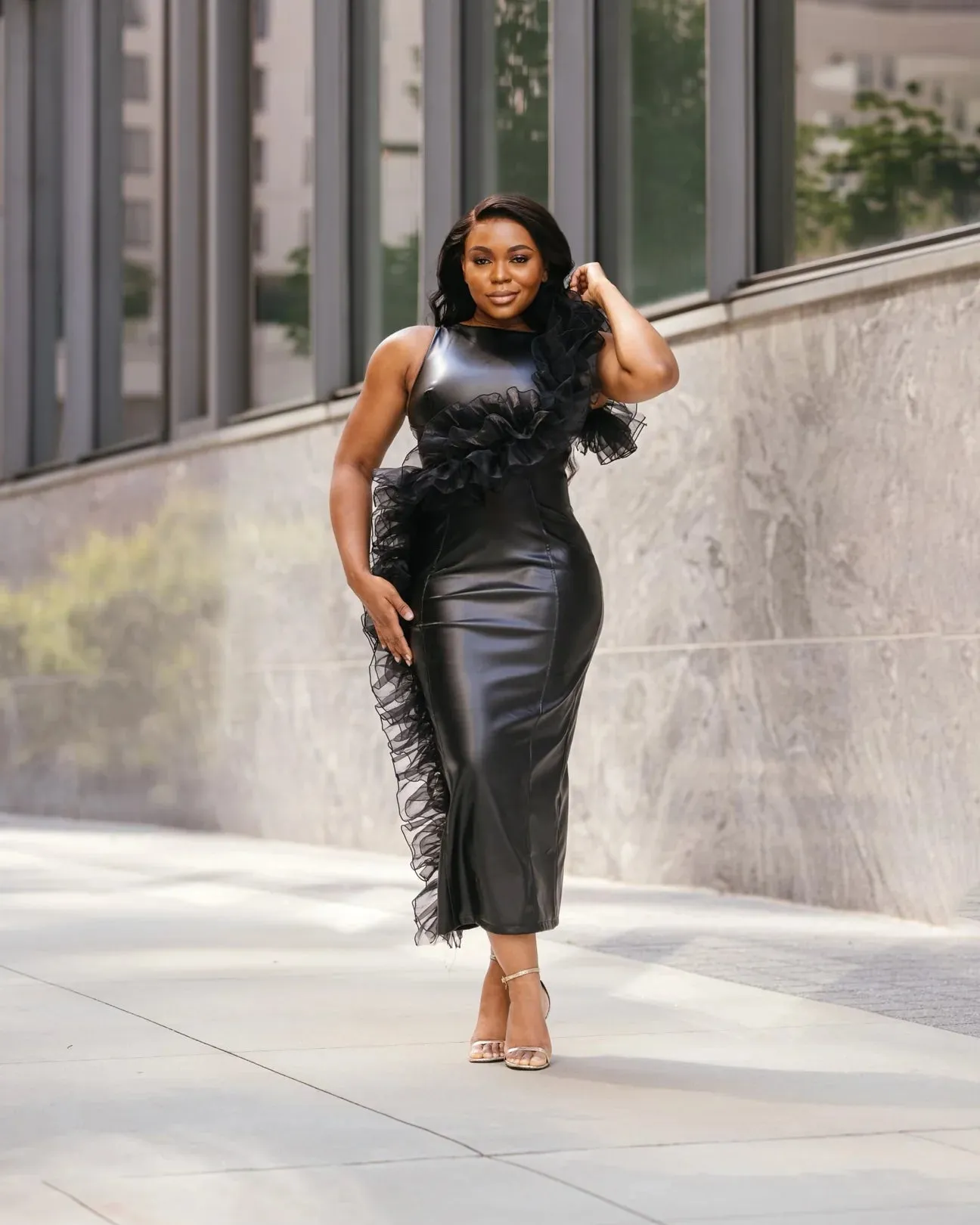 Oyemwen Black Leather and Tulle Dress