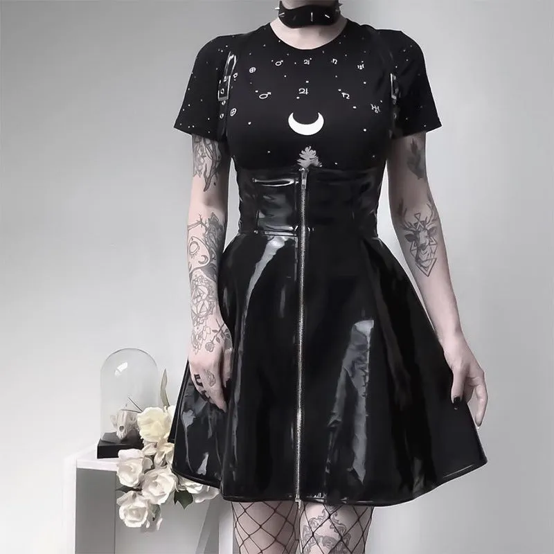 [@p273] "BLACK PU LEATHER ZIPPER STRAP" DRESS UB2346