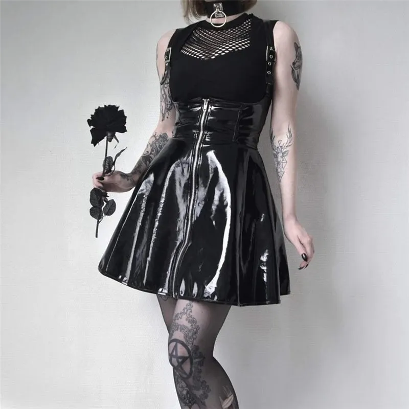 [@p273] "BLACK PU LEATHER ZIPPER STRAP" DRESS UB2346