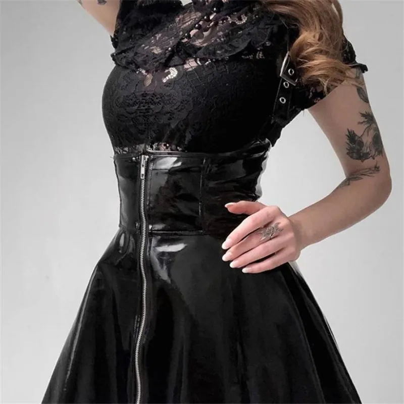 [@p273] "BLACK PU LEATHER ZIPPER STRAP" DRESS UB2346