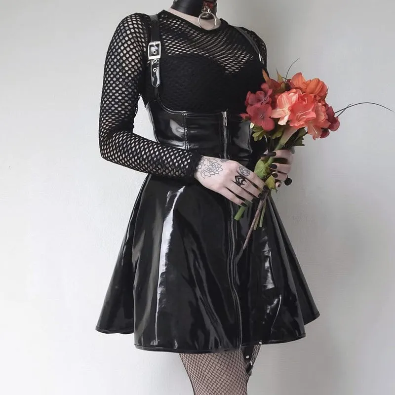 [@p273] "BLACK PU LEATHER ZIPPER STRAP" DRESS UB2346