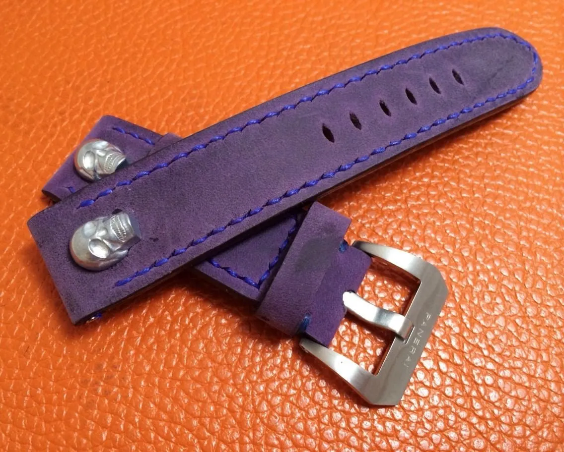 Panerai Watch Strap, 24mm Leather Watch Band, Purple Watch Strap, 26mm Watch Band, Sterling Silver Skull