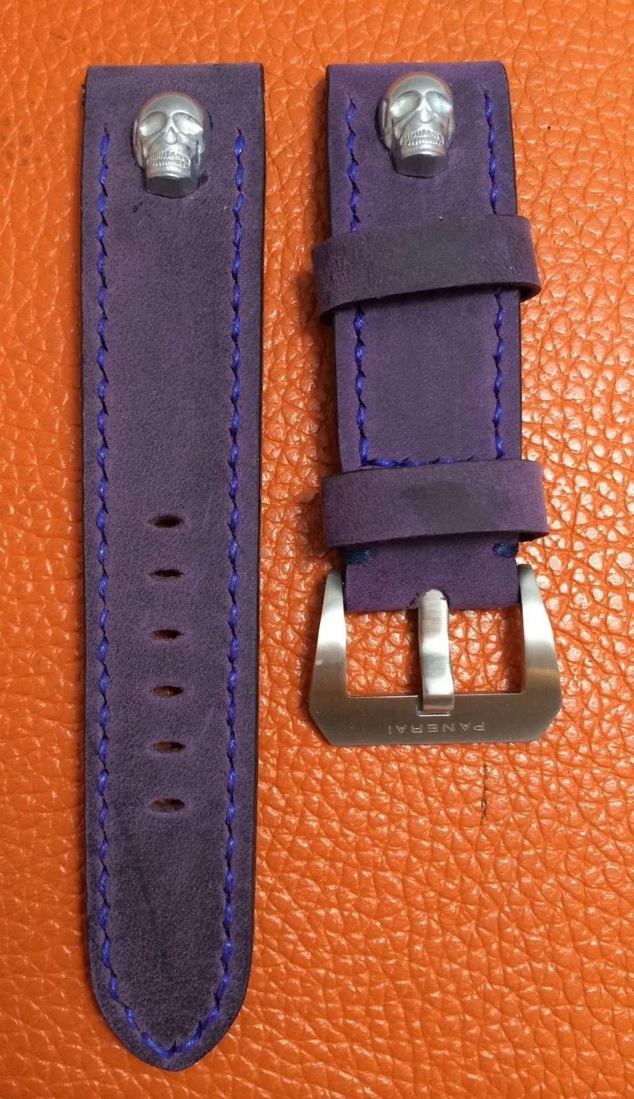 Panerai Watch Strap, 24mm Leather Watch Band, Purple Watch Strap, 26mm Watch Band, Sterling Silver Skull