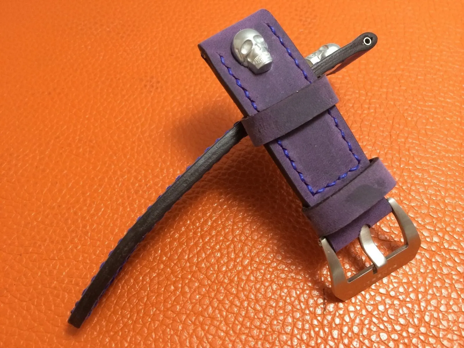 Panerai Watch Strap, 24mm Leather Watch Band, Purple Watch Strap, 26mm Watch Band, Sterling Silver Skull