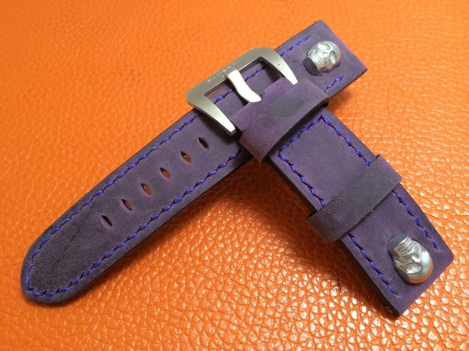 Panerai Watch Strap, 24mm Leather Watch Band, Purple Watch Strap, 26mm Watch Band, Sterling Silver Skull