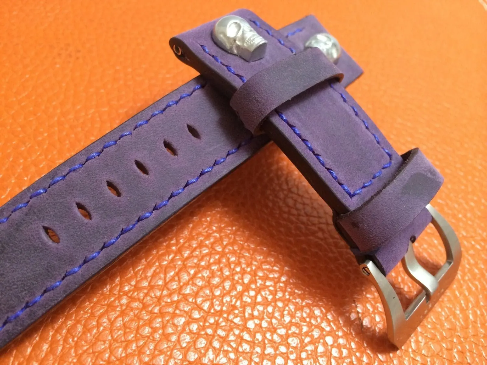 Panerai Watch Strap, 24mm Leather Watch Band, Purple Watch Strap, 26mm Watch Band, Sterling Silver Skull