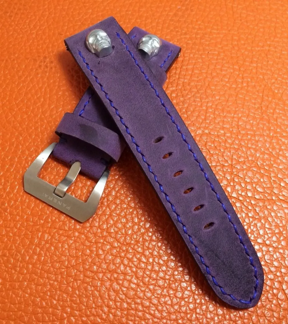 Panerai Watch Strap, 24mm Leather Watch Band, Purple Watch Strap, 26mm Watch Band, Sterling Silver Skull