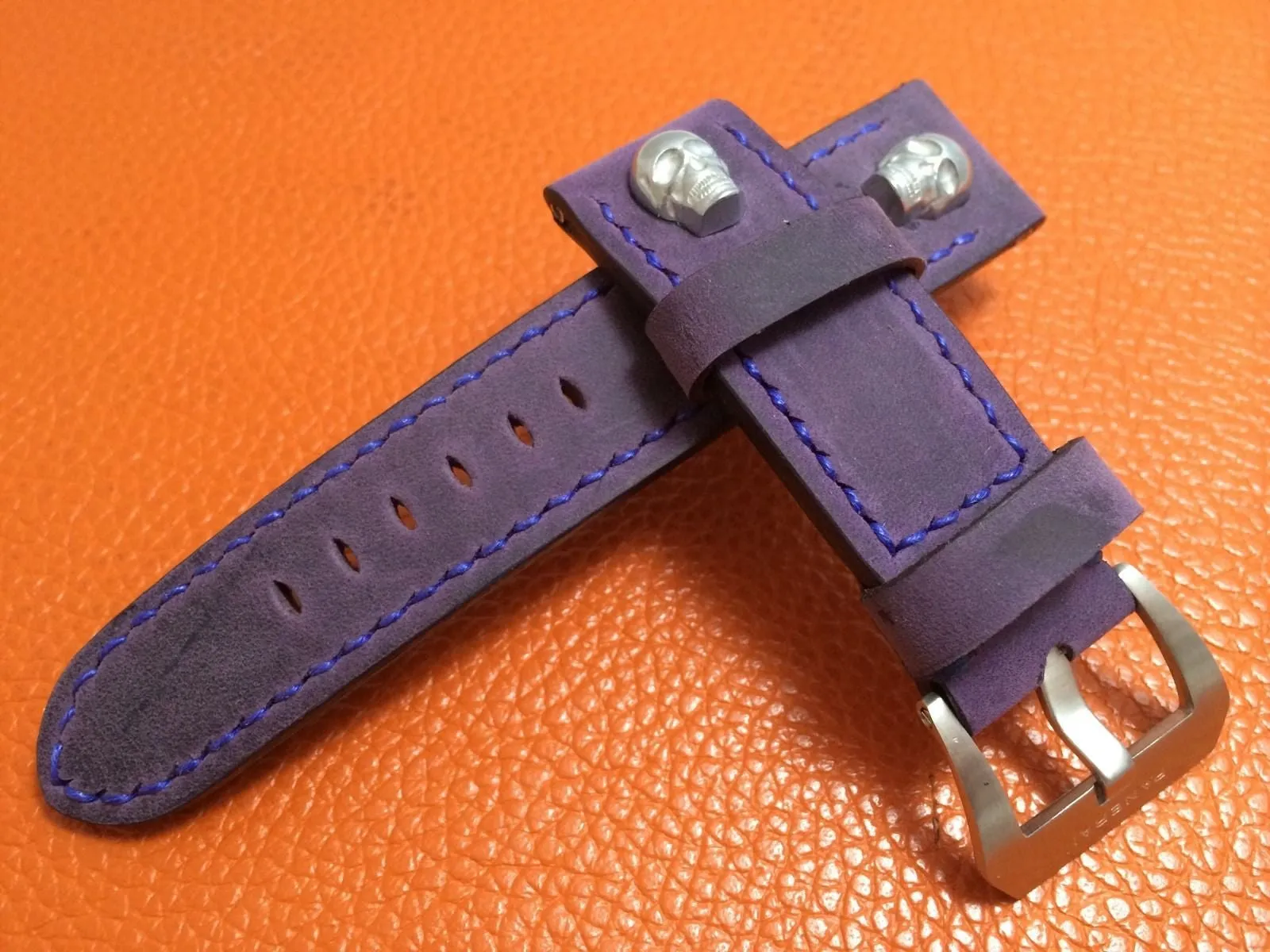 Panerai Watch Strap, 24mm Leather Watch Band, Purple Watch Strap, 26mm Watch Band, Sterling Silver Skull