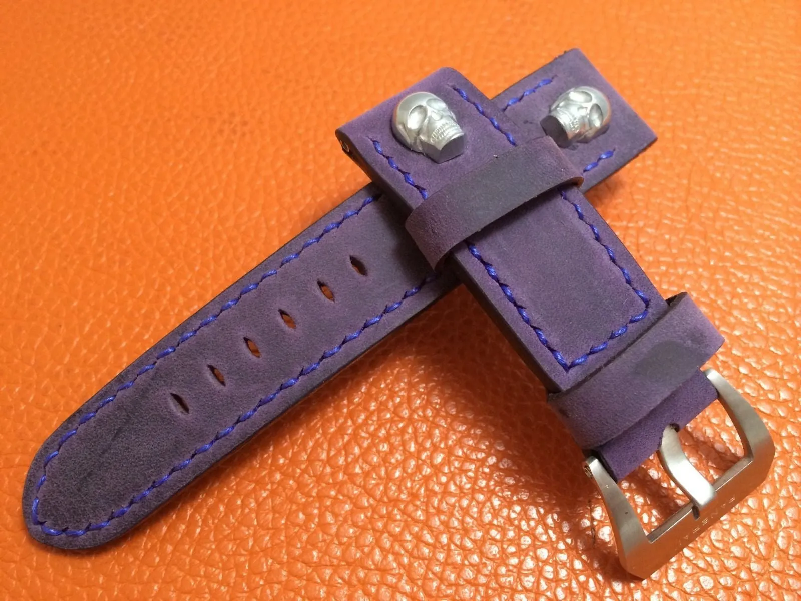 Panerai Watch Strap, 24mm Leather Watch Band, Purple Watch Strap, 26mm Watch Band, Sterling Silver Skull