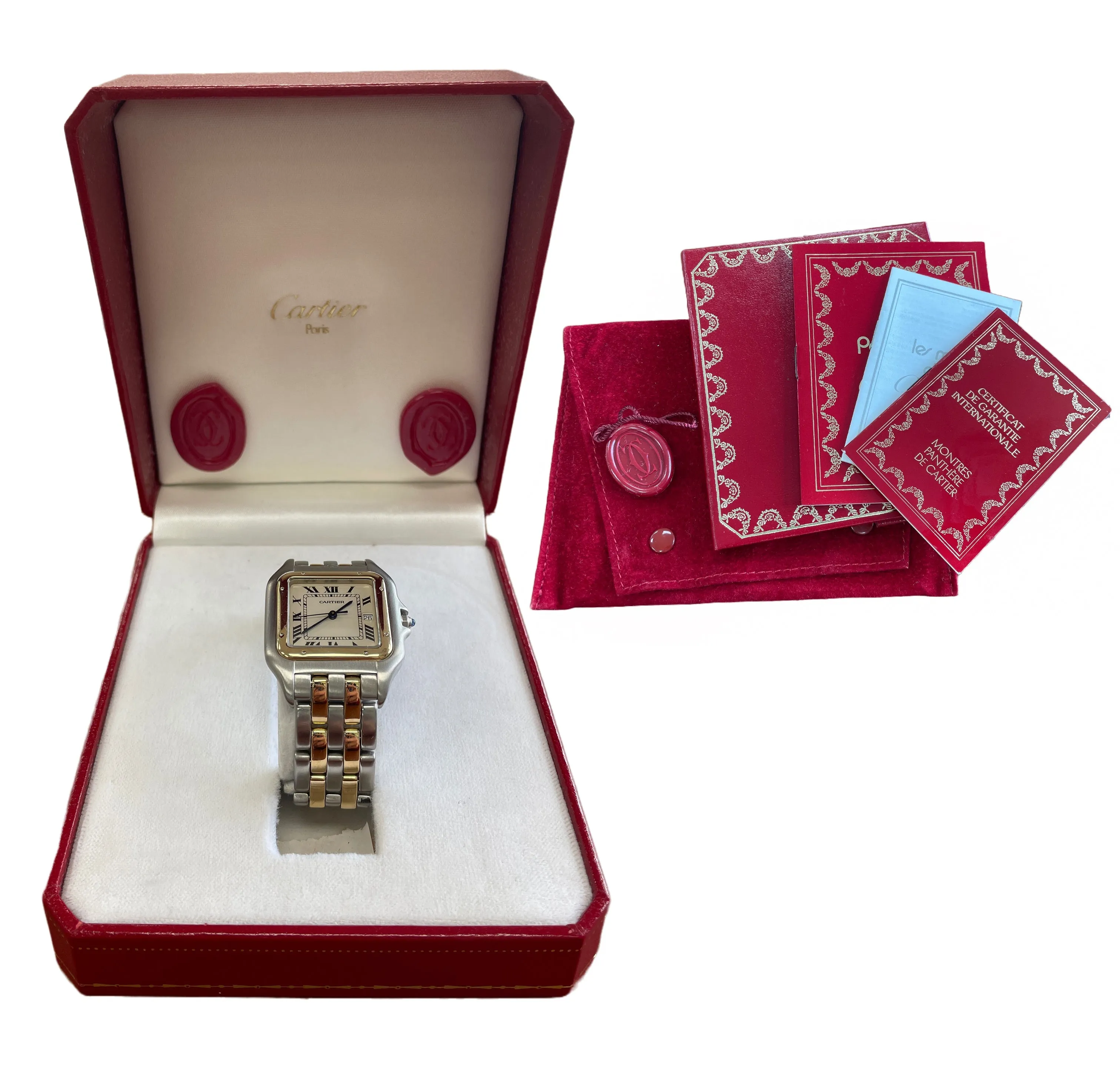 PAPERS Ladies Cartier Panthere TWO ROW 18K Gold Steel 29mm Quartz 83957 BOX