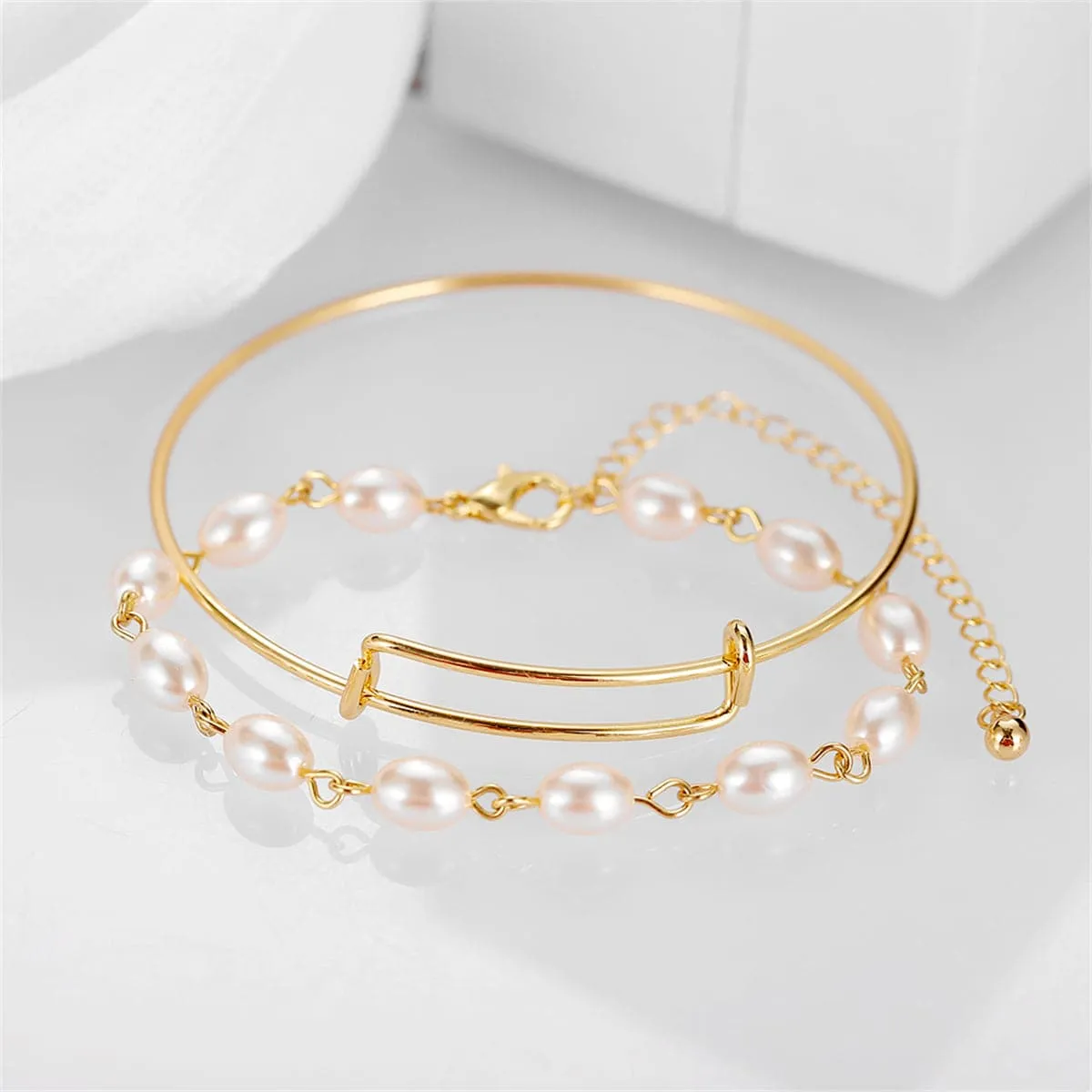 Pearl & 18K Gold-Plated Adjustable Bangle Set