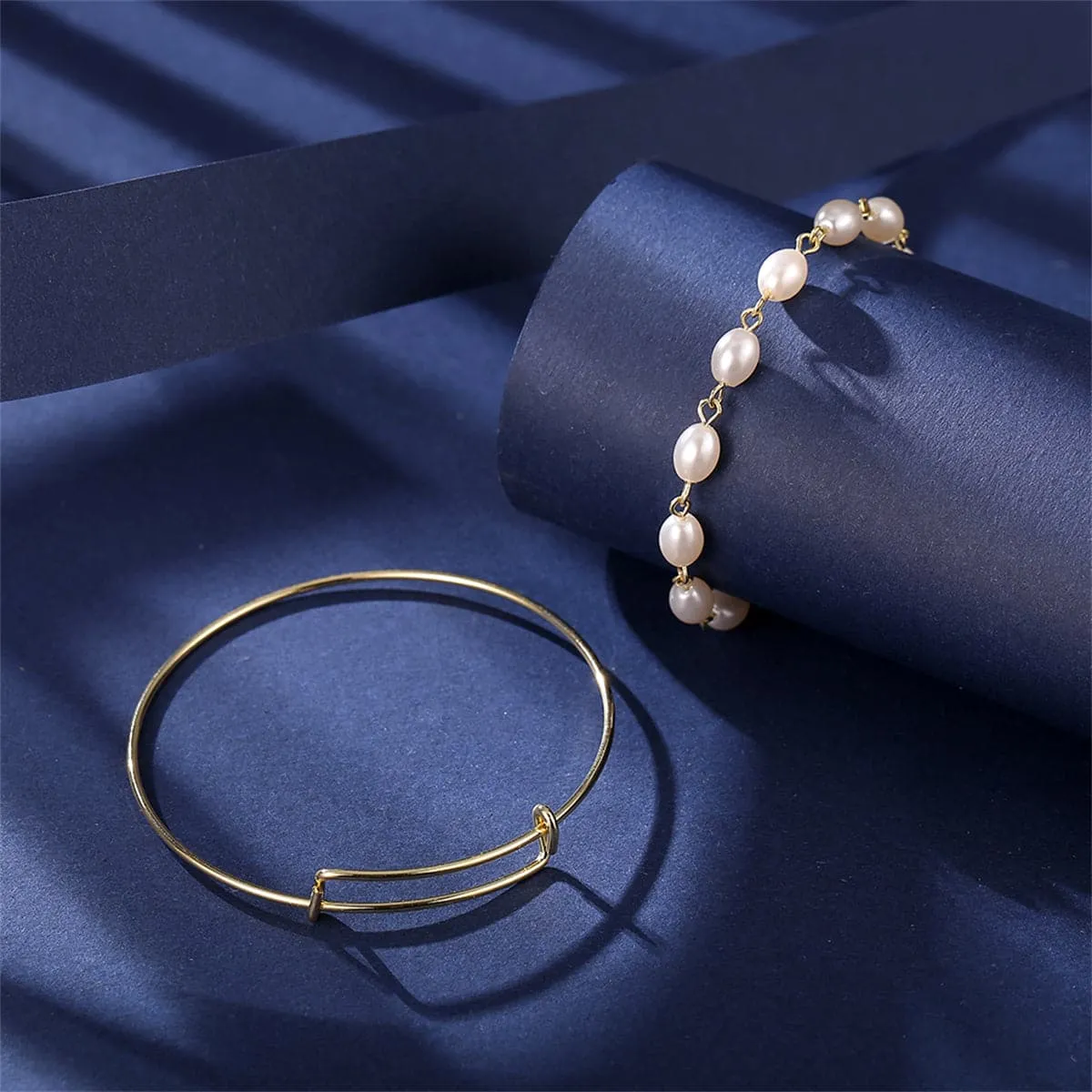 Pearl & 18K Gold-Plated Adjustable Bangle Set