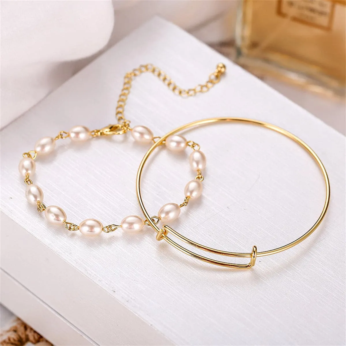 Pearl & 18K Gold-Plated Adjustable Bangle Set