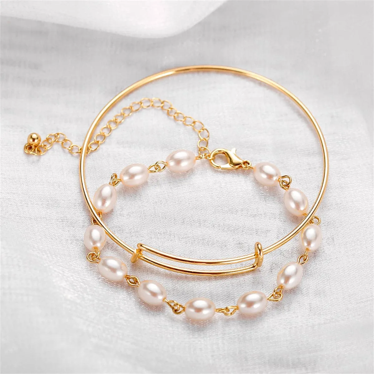 Pearl & 18K Gold-Plated Adjustable Bangle Set