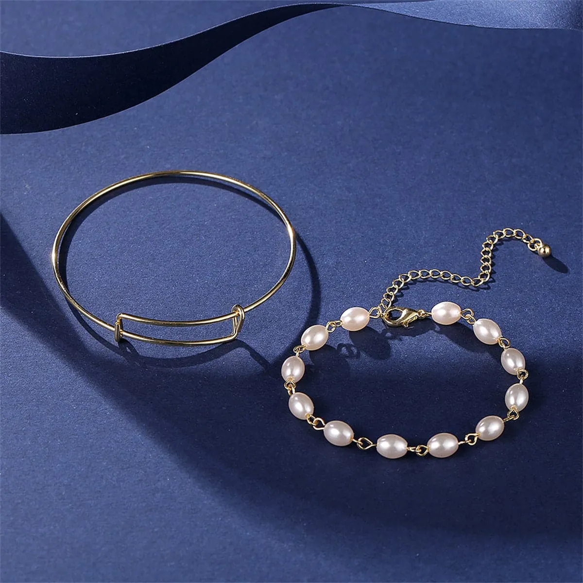 Pearl & 18K Gold-Plated Adjustable Bangle Set