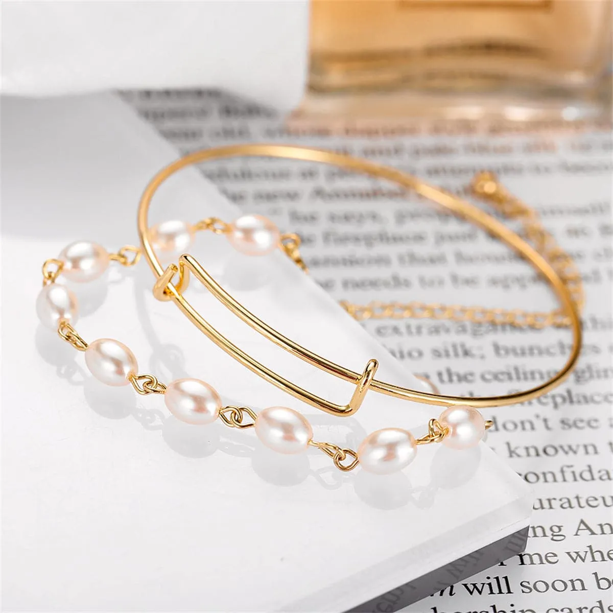 Pearl & 18K Gold-Plated Adjustable Bangle Set