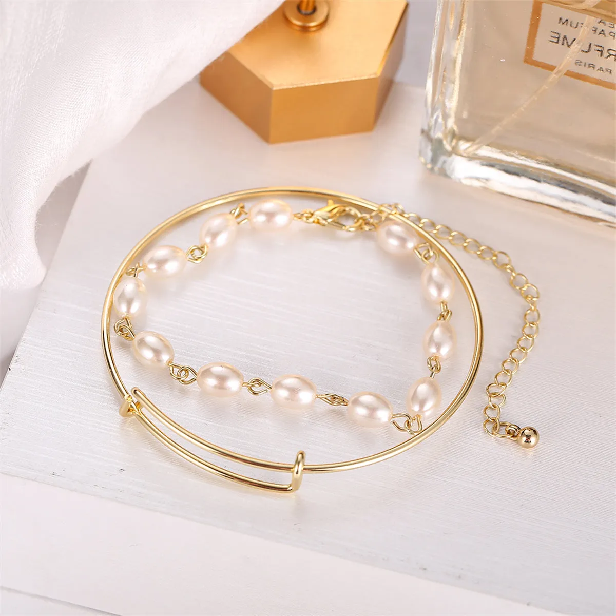 Pearl & 18K Gold-Plated Adjustable Bangle Set