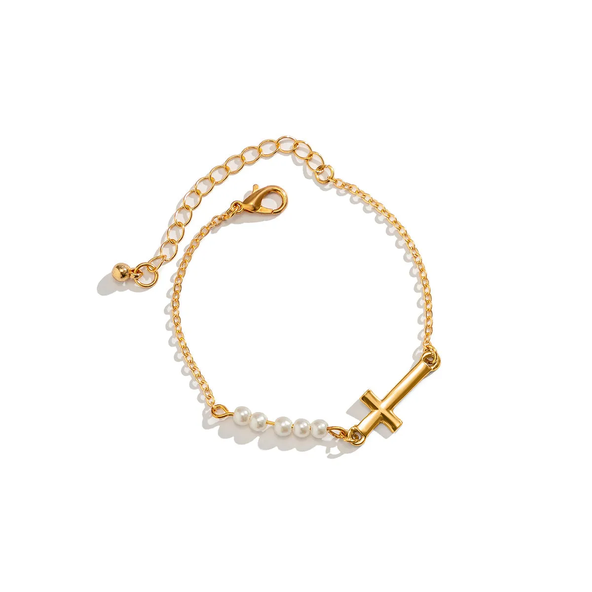 Pearl & 18K Gold-Plated Cross Charm Bracelet