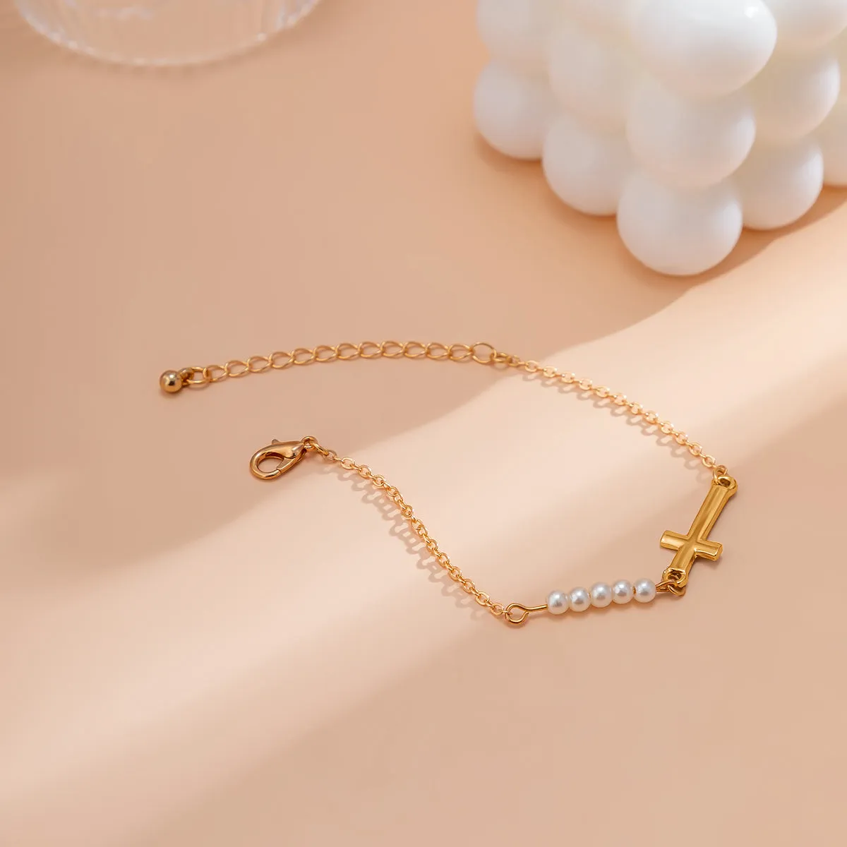 Pearl & 18K Gold-Plated Cross Charm Bracelet