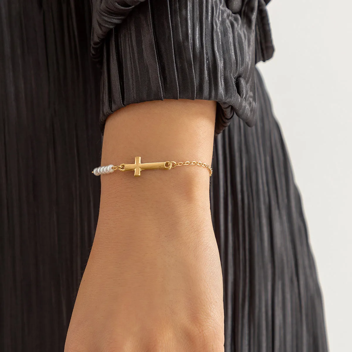 Pearl & 18K Gold-Plated Cross Charm Bracelet