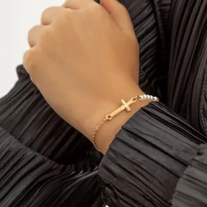 Pearl & 18K Gold-Plated Cross Charm Bracelet