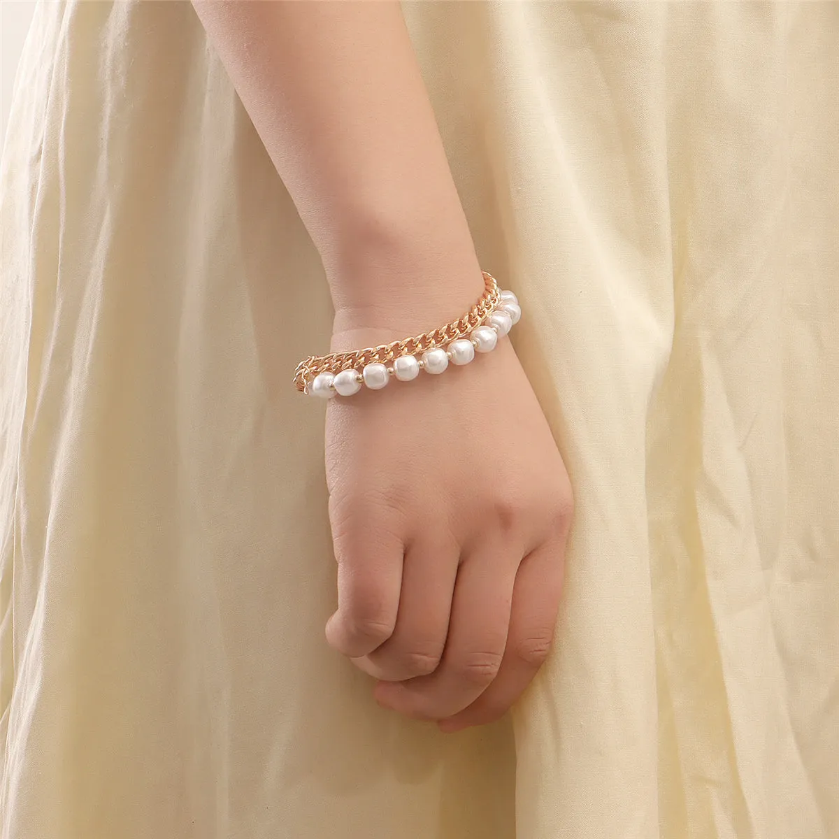 Pearl & 18K Gold-Plated Cuban Chain Layered Bracelet