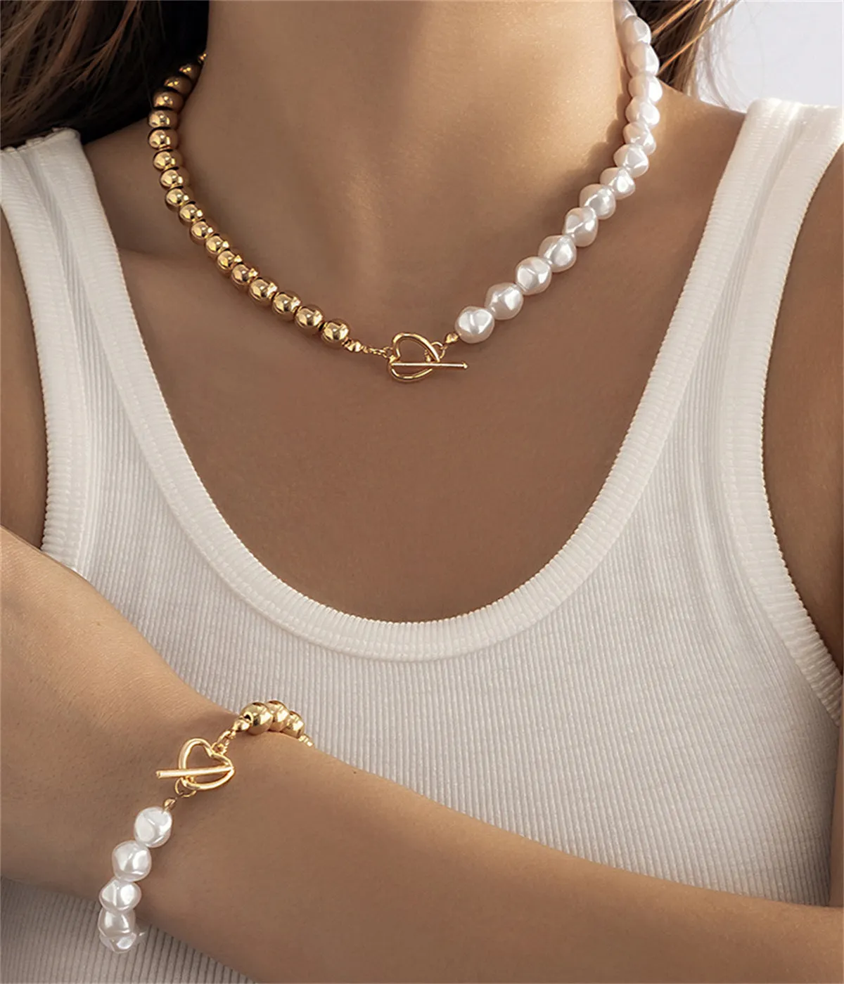 Pearl & 18K Gold-Plated Heart Toggle Necklace & Bracelet Set