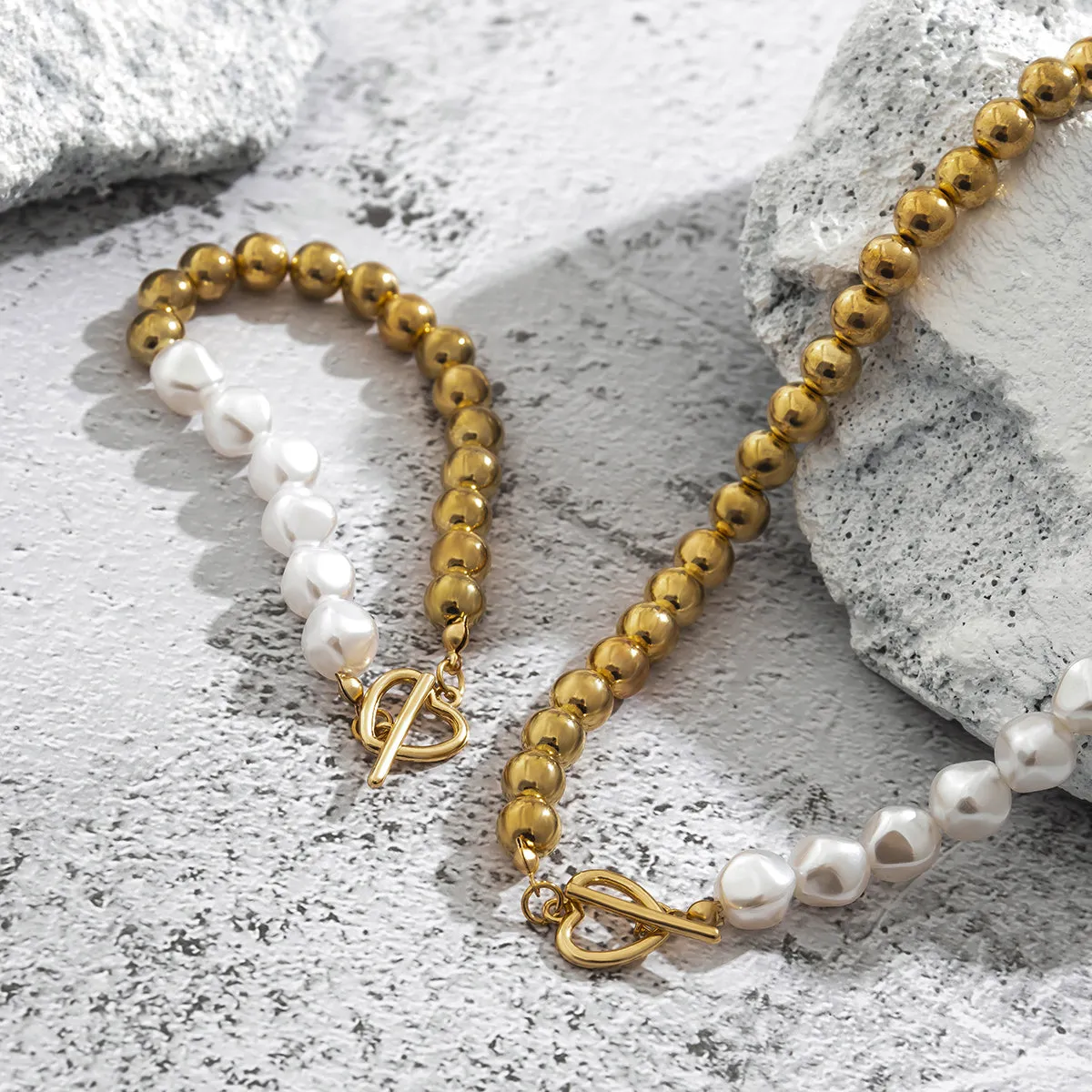 Pearl & 18K Gold-Plated Heart Toggle Necklace & Bracelet Set