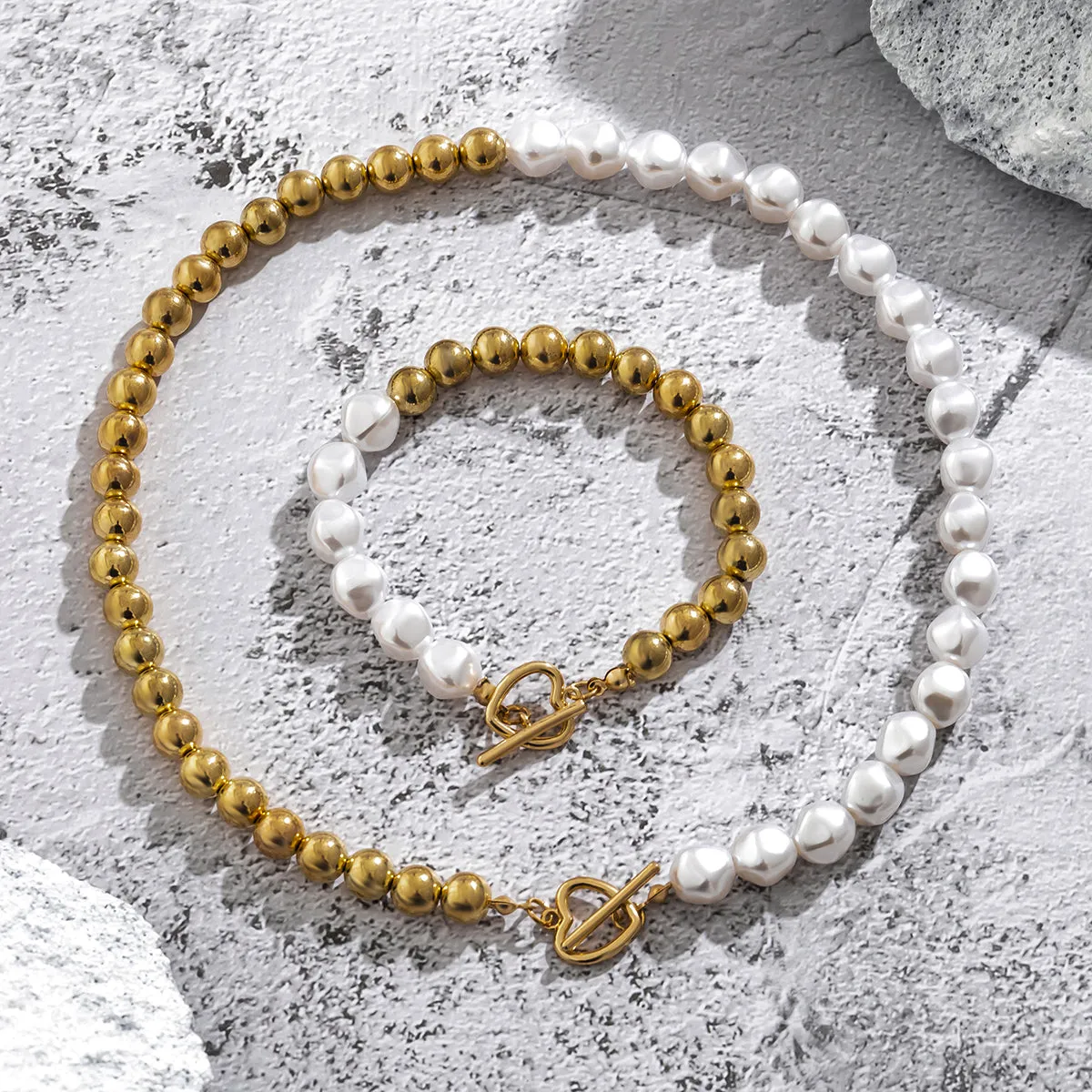 Pearl & 18K Gold-Plated Heart Toggle Necklace & Bracelet Set