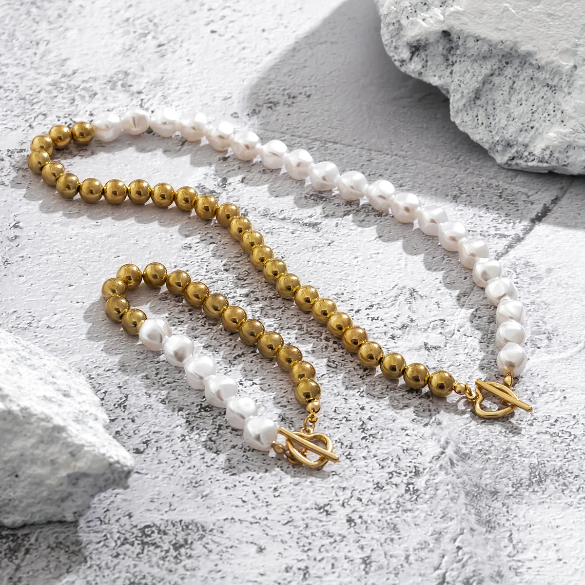 Pearl & 18K Gold-Plated Heart Toggle Necklace & Bracelet Set