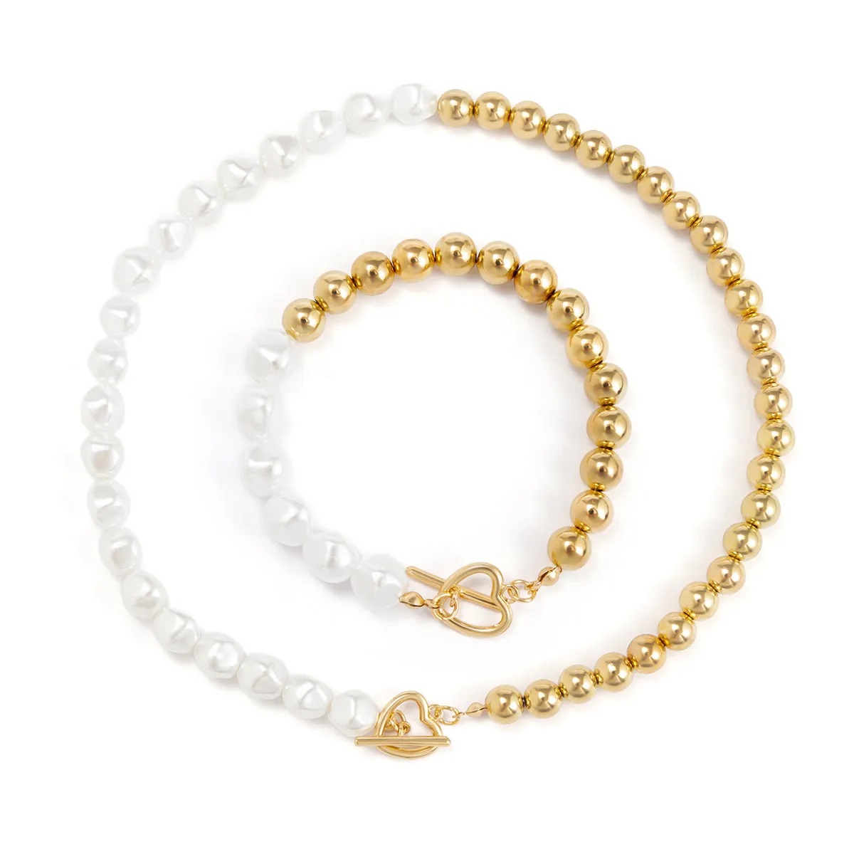 Pearl & 18K Gold-Plated Heart Toggle Necklace & Bracelet Set