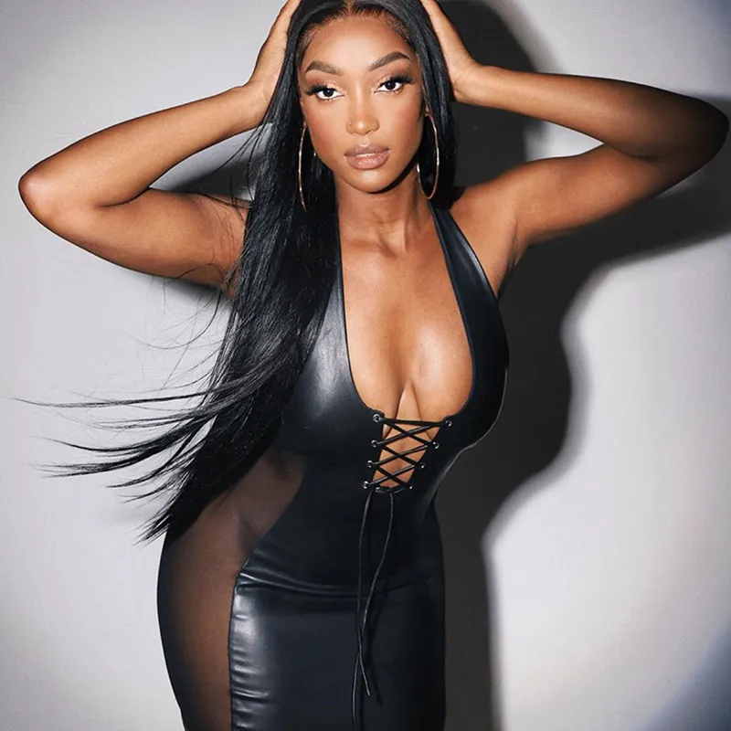 Phaedra Halter Lace-Up Faux Leather Sheer Panel Mini Dress