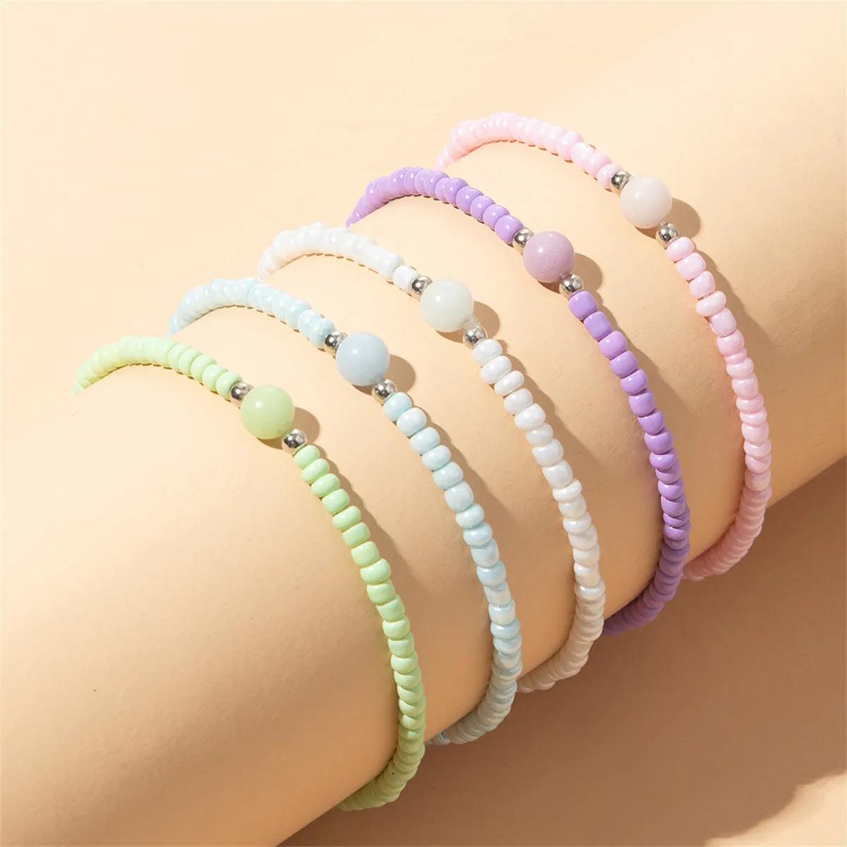 Pink & Mint Beaded Stretch Bracelet Set