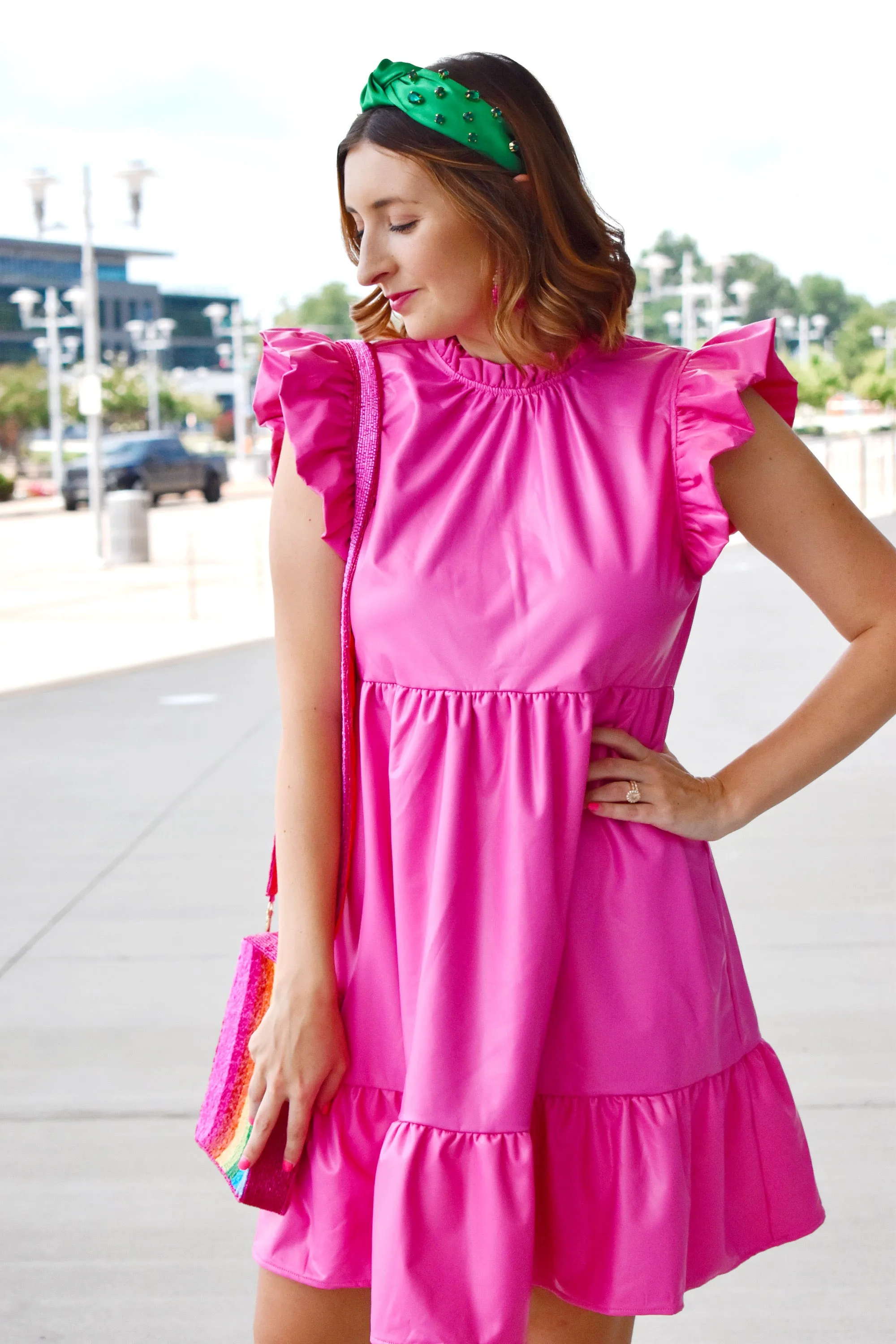 Pink Pleather Ruffle Dress