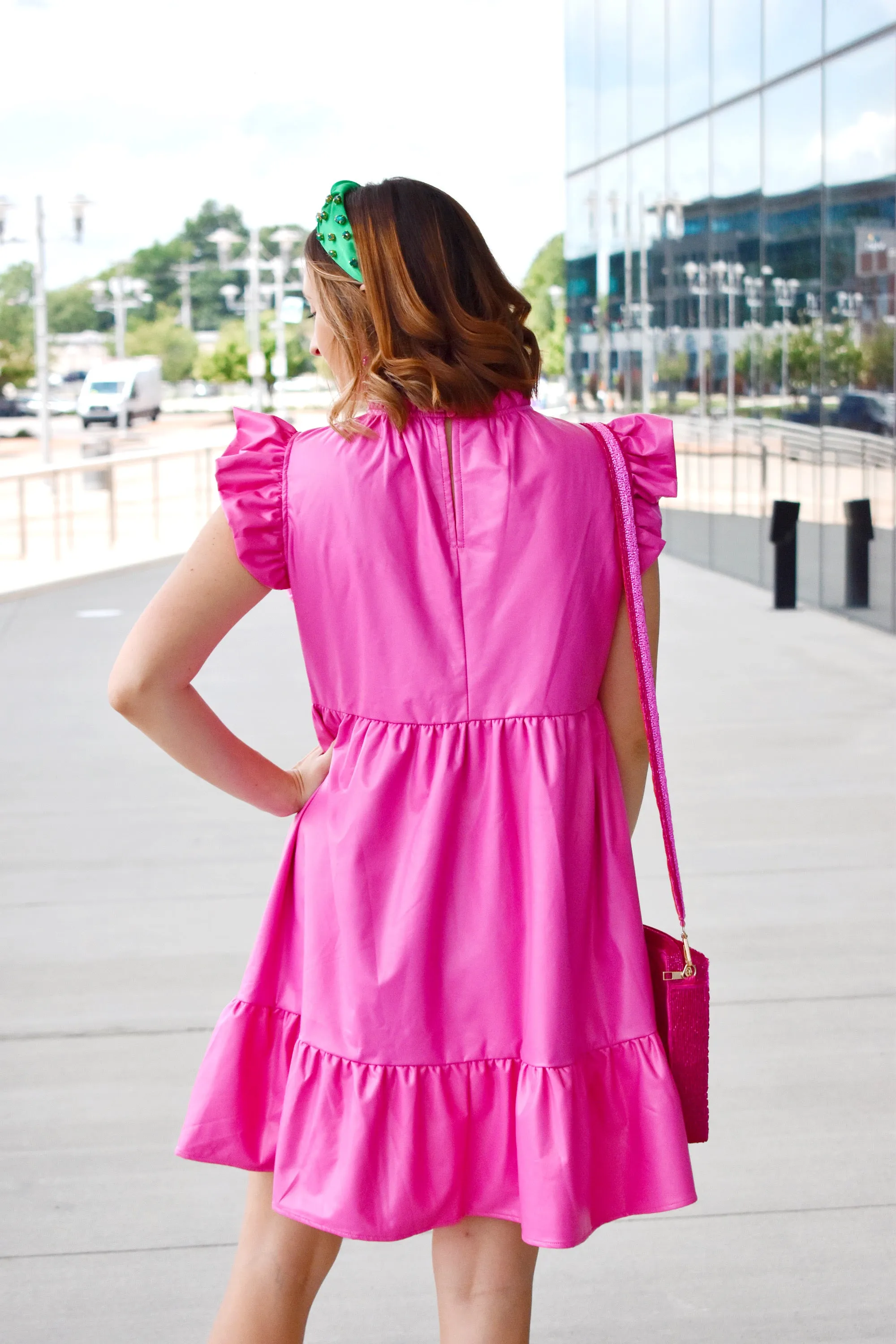 Pink Pleather Ruffle Dress