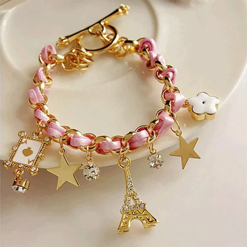 Pink Studded Eiffel Tower Star Charms Bracelet