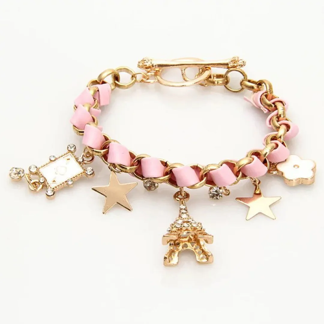 Pink Studded Eiffel Tower Star Charms Bracelet